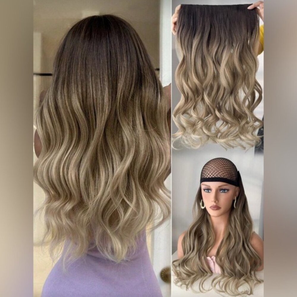 24 In One Piece U Shape Clip In Wavy Extensions Balayage hair Style - dark root - Picture 1 of 9